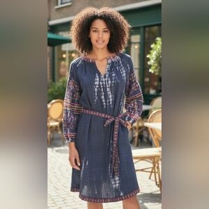 ivy jane Navy Embroidered Long-Sleeve Tie-Waist Dress